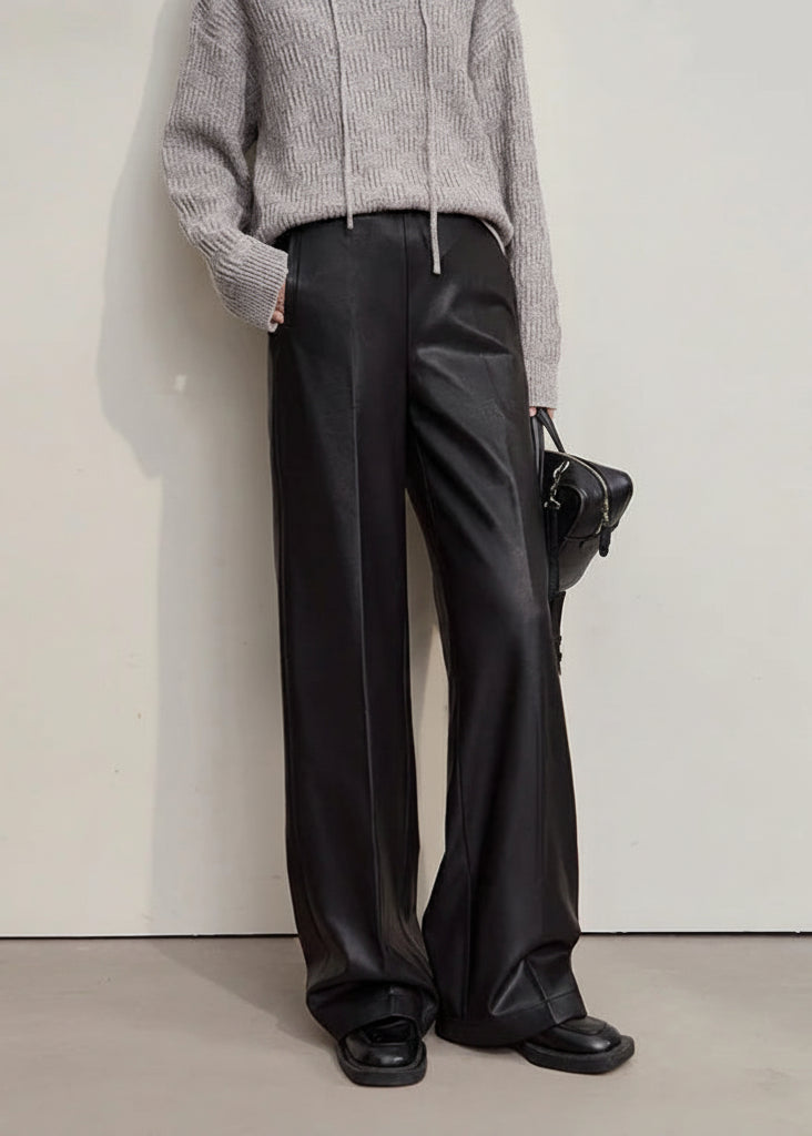 AMII Pants For Woman 2025 Winter New Minimalist Commuter PU Leather  Loose Wide-leg Pants Casual Office Lady Trousers 12524063 Loran