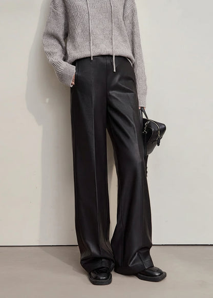 AMII Pants For Woman 2025 Winter New Minimalist Commuter PU Leather  Loose Wide-leg Pants Casual Office Lady Trousers 12524063 Loran