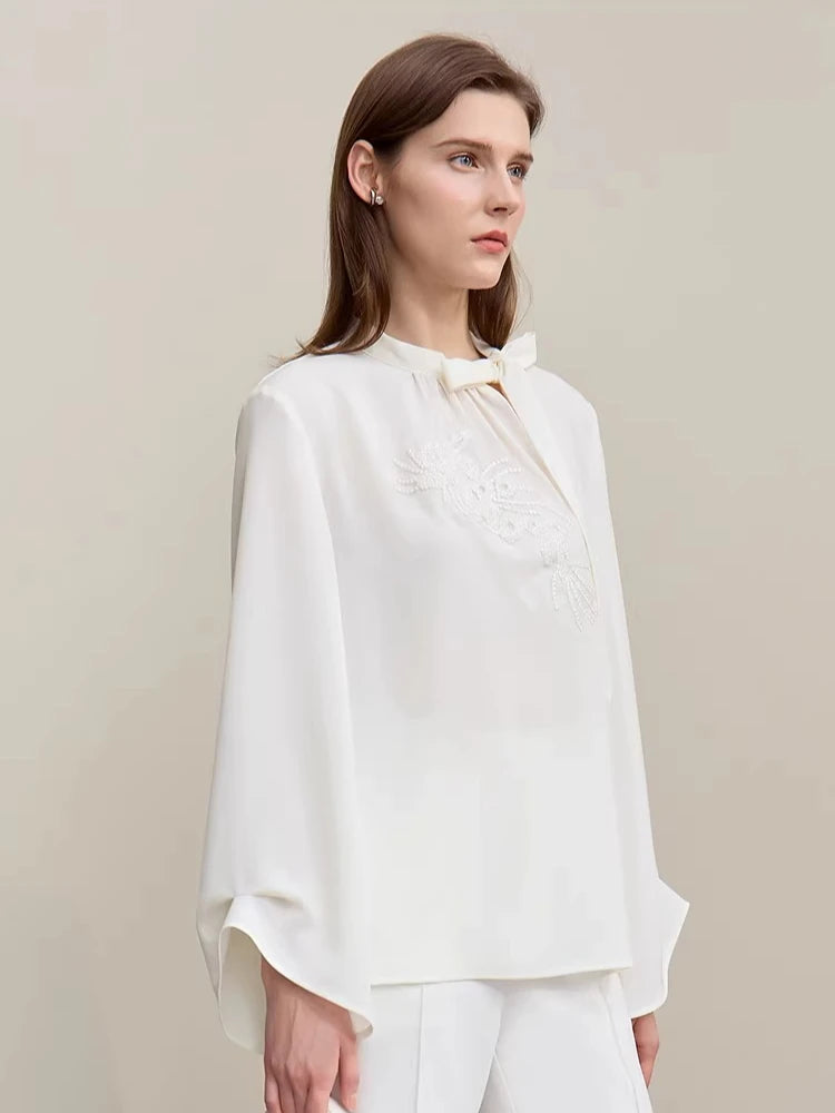 Amii Elegant Blouse For Woman 2026 Spring New Commuter Stand-up Collar Embroidered Chiffon Shirt Women's Loose Tops 12621027 Loran