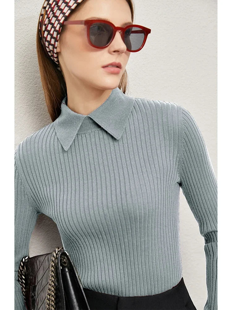 Amii Minimalism 2024 Sweater for Women Autumn New Office Lady Basic Lapel Striped Slim Knitted Tops Solid Trendy Blouse 12444058 Loran
