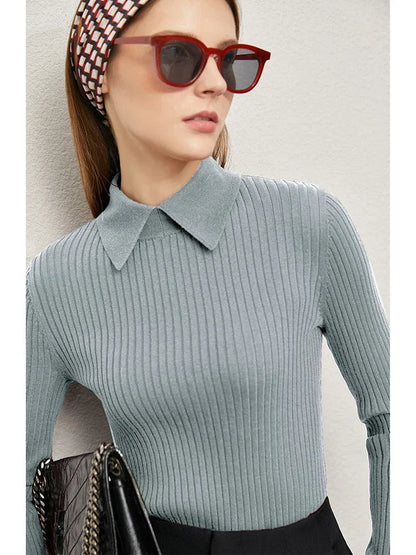 Amii Minimalism 2024 Sweater for Women Autumn New Office Lady Basic Lapel Striped Slim Knitted Tops Solid Trendy Blouse 12444058 Loran