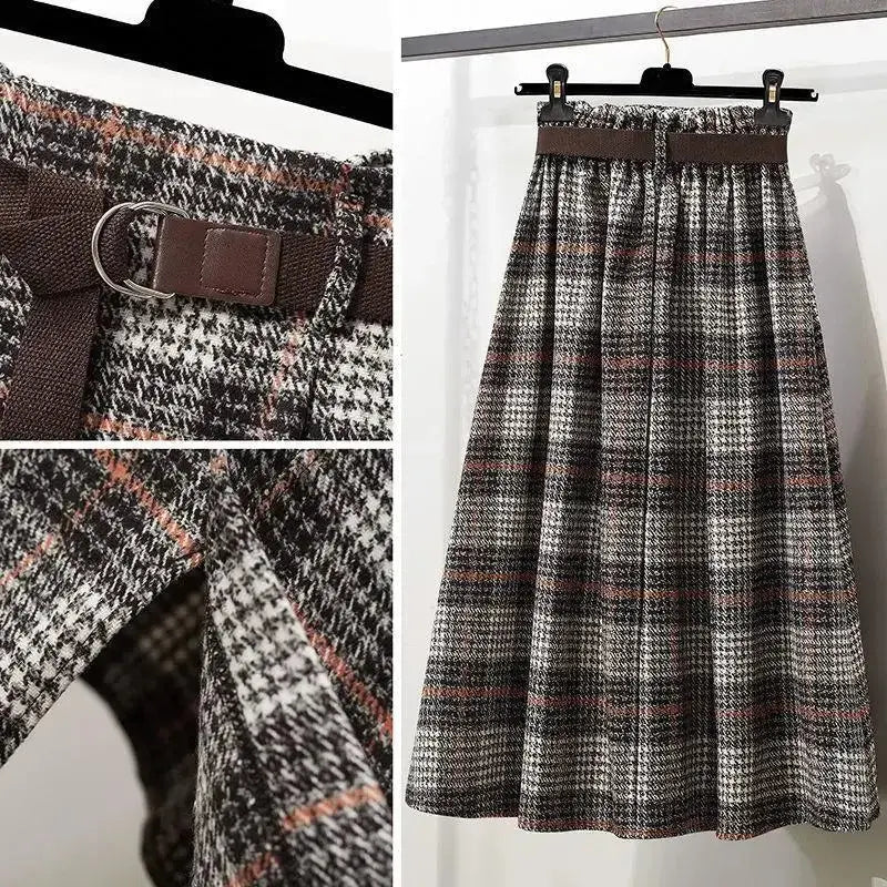 Irregular Hem Wool-Blend Plaid Midi Skirt - Loran