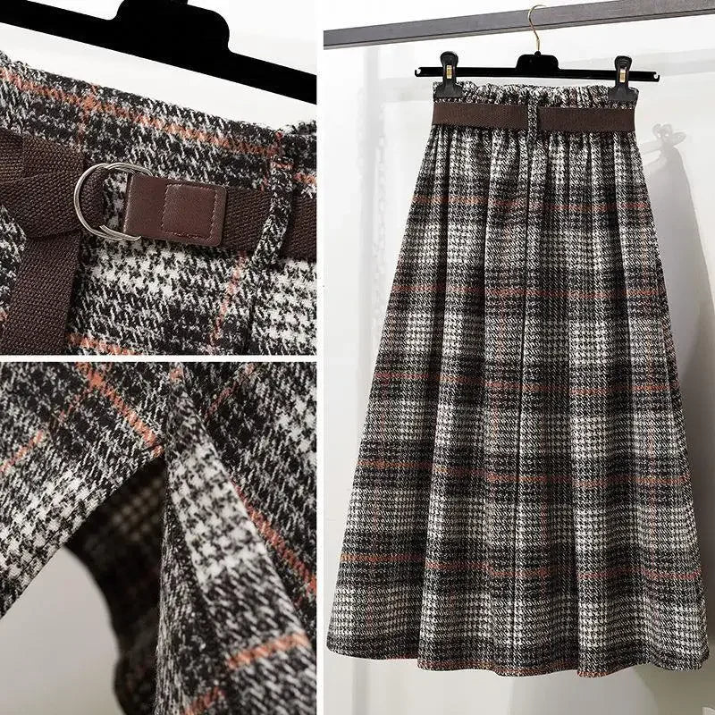 Irregular Hem Wool-Blend Plaid Midi Skirt