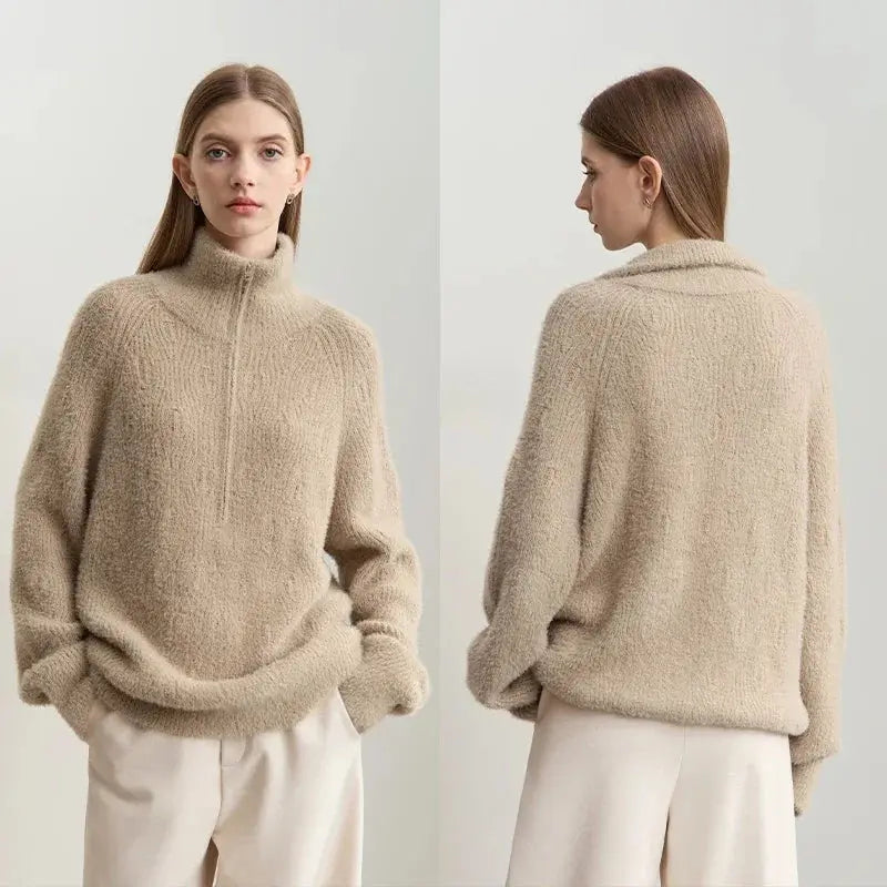 Women's Loose Fit Turtleneck Sweater with Quarter-Zip - Loran