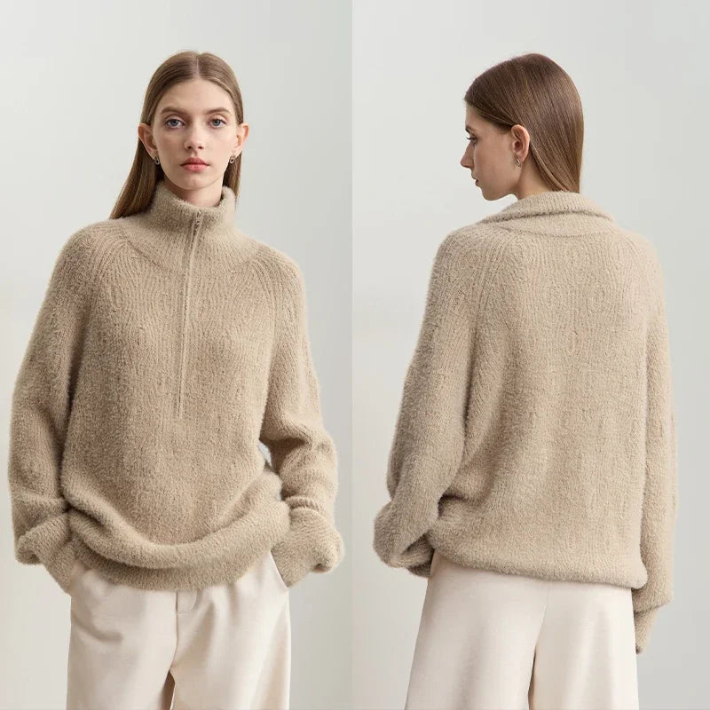 Women's Loose Fit Turtleneck Sweater with Quarter-Zip