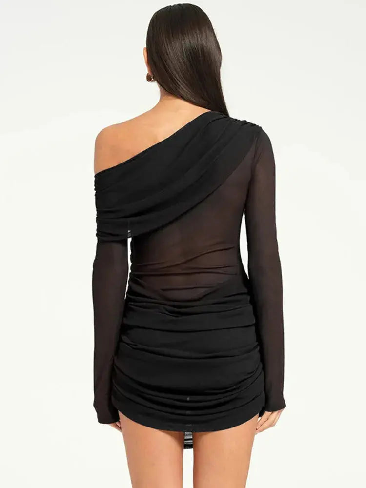 Elegant Mesh Long Sleeve Backless Mini Dress - Loran