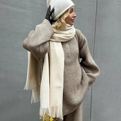 Chic Knitted Sweater and Wide-Leg Trousers Set - Loran