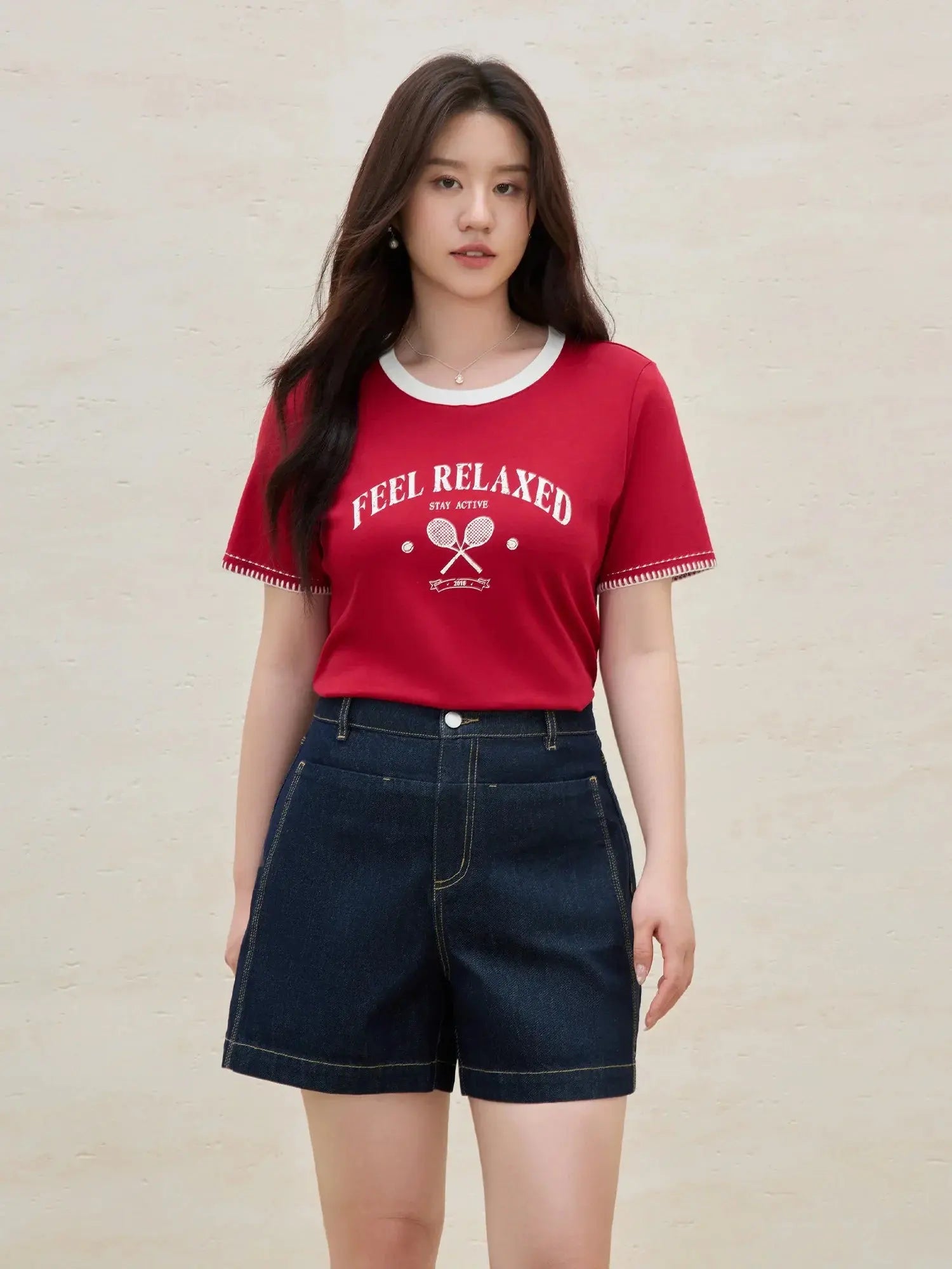 Women's Summer Contrast-Stitch Cotton Tee LORAN STORE