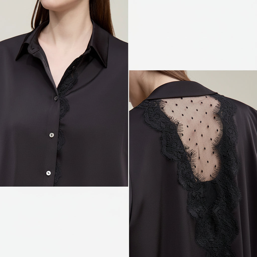 Amii Women's Blouse 2026 Spring New Mesh Lace Patchwork Chiffon Shirt Women's Casual Loose Lapel Single Breasted Tops 12641087 Loran