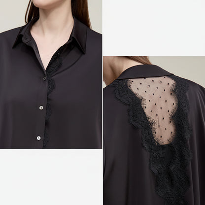 Amii Women's Blouse 2026 Spring New Mesh Lace Patchwork Chiffon Shirt Women's Casual Loose Lapel Single Breasted Tops 12641087 Loran