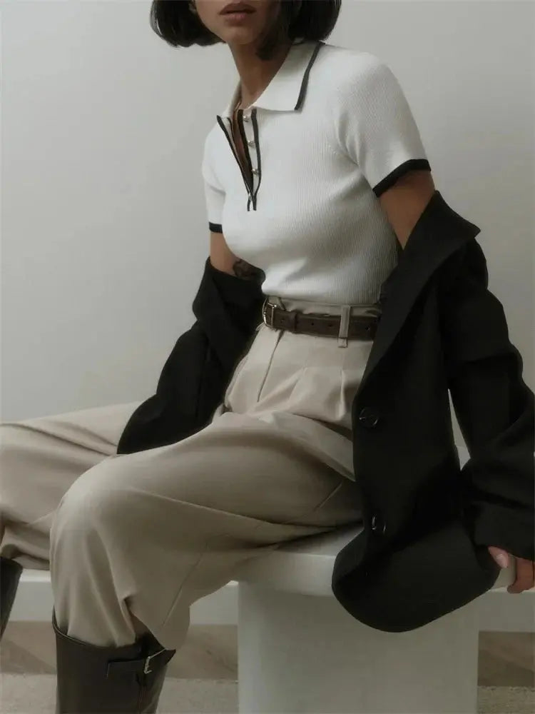 Contrast Patchwork Knit Top with Lapel Collar - Loran