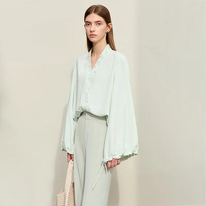 Amii Chiffon Women's Blouse 2025 Autumn New V-neck Letter Embroidered Top Elegant Lantern Sleeve Loose Women's Shirt 12421028 Loran