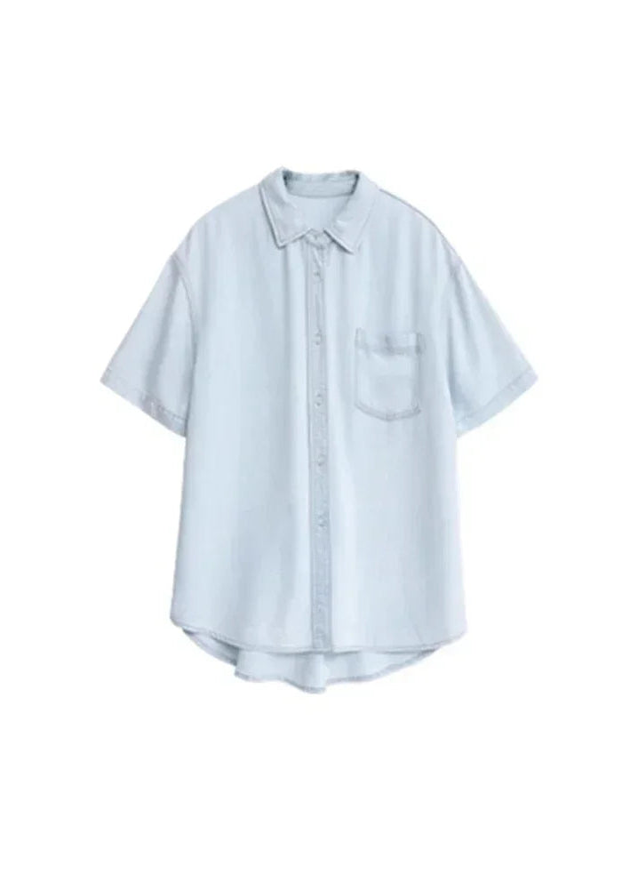 Blue Denim Set: Loose Shirt & Elastic Waist Shorts/Skirt Loran