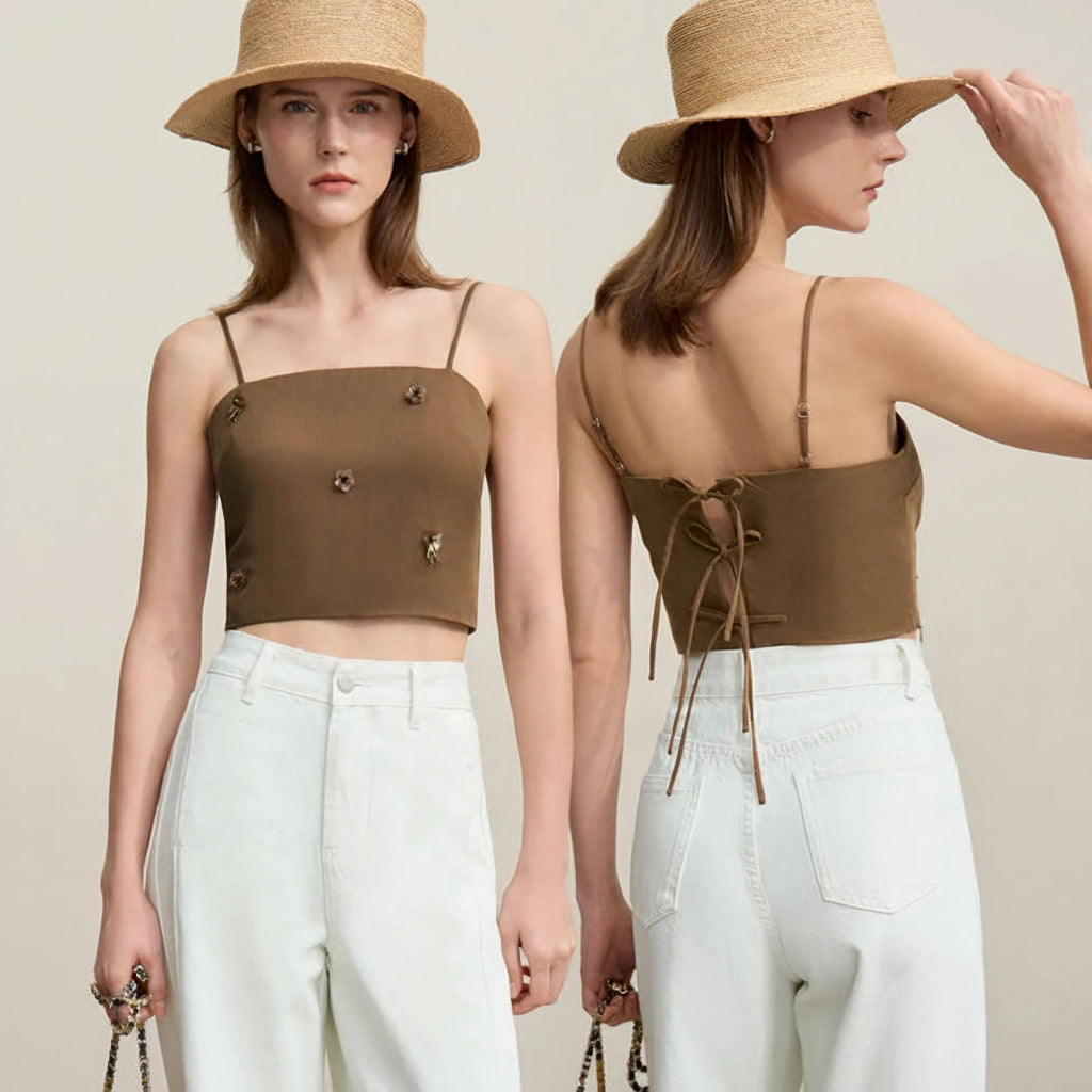 Amii Women's Camisole 2026 Spring New Casual Bead Women's Sleeveless Vest Square Neck Inner Wear Straps Short Slim Top 12621025 Loran