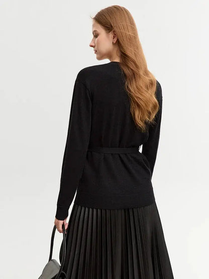 Women's V-Neck Knit Cardigan Sweater with Belt - Loran