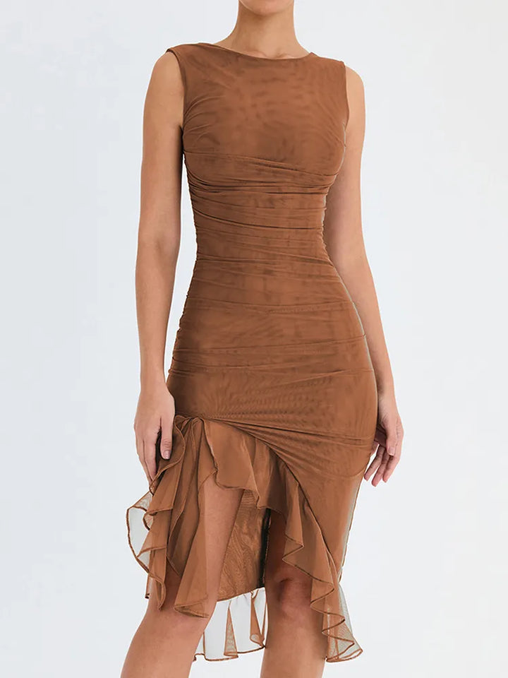 Elegant Ruffle Ruched Midi Dress Backless Sleeveless - 3IN SMART Shop  #