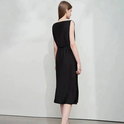 Elegant Black Swing Neck Midi Dress with Thin Belt - Loran