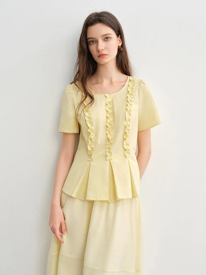 Plus Size Slimming Pleated Shirt Youthful Round Neck Loran