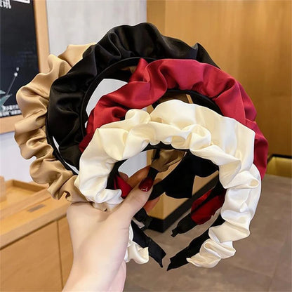 Elegant Solid Color Pleated Wide Headband for Women