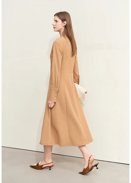 Amii Minimalism 2025 Women Dresses Autumn New Elegant V-neck Buckle Waist Fashion Office Lady Slim Long Dress Female 12443046 Loran