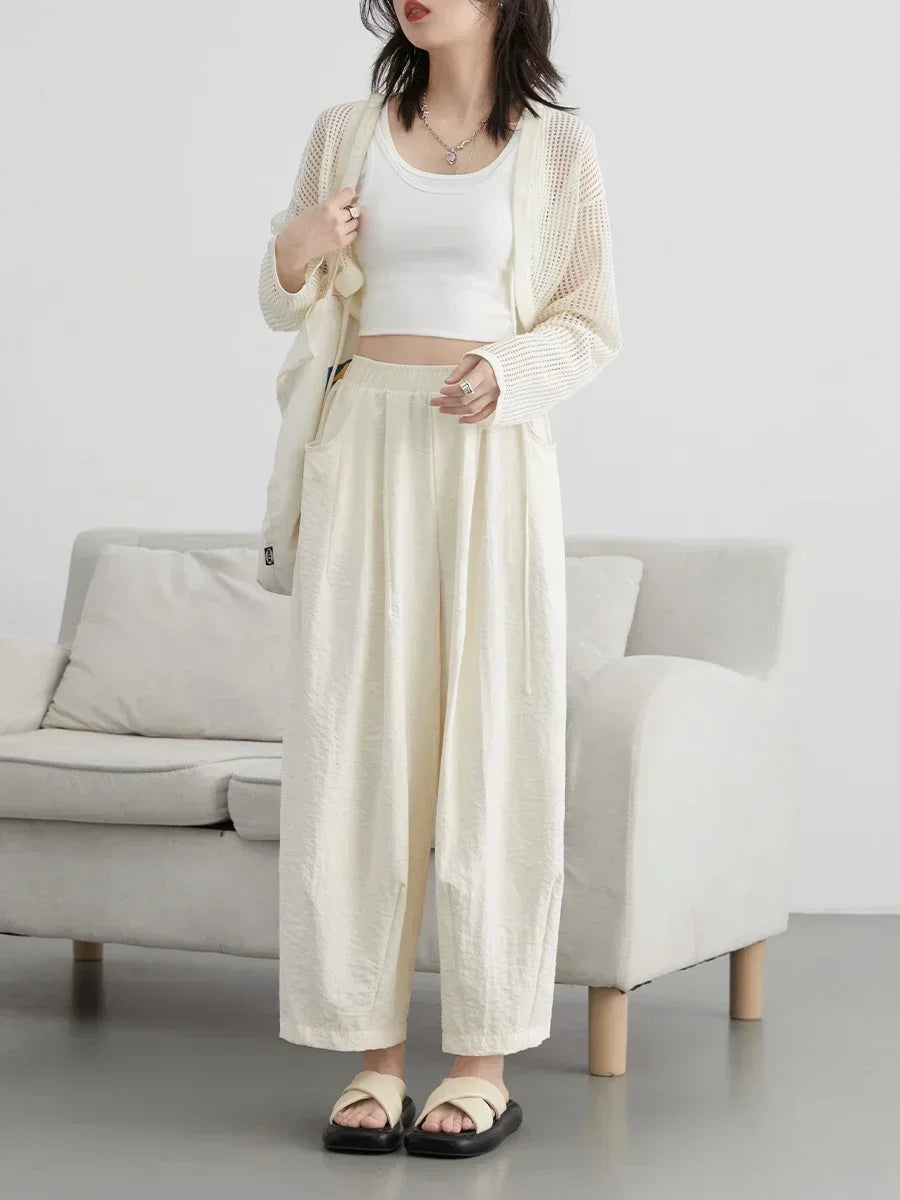 White Wide-Leg Pants High-Waisted Casual Loran