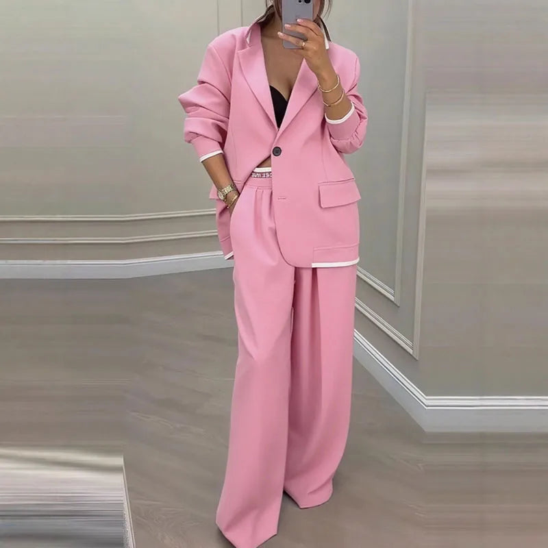 The Power Set: Solid Button Blazer and Straight-Leg Pant Suit