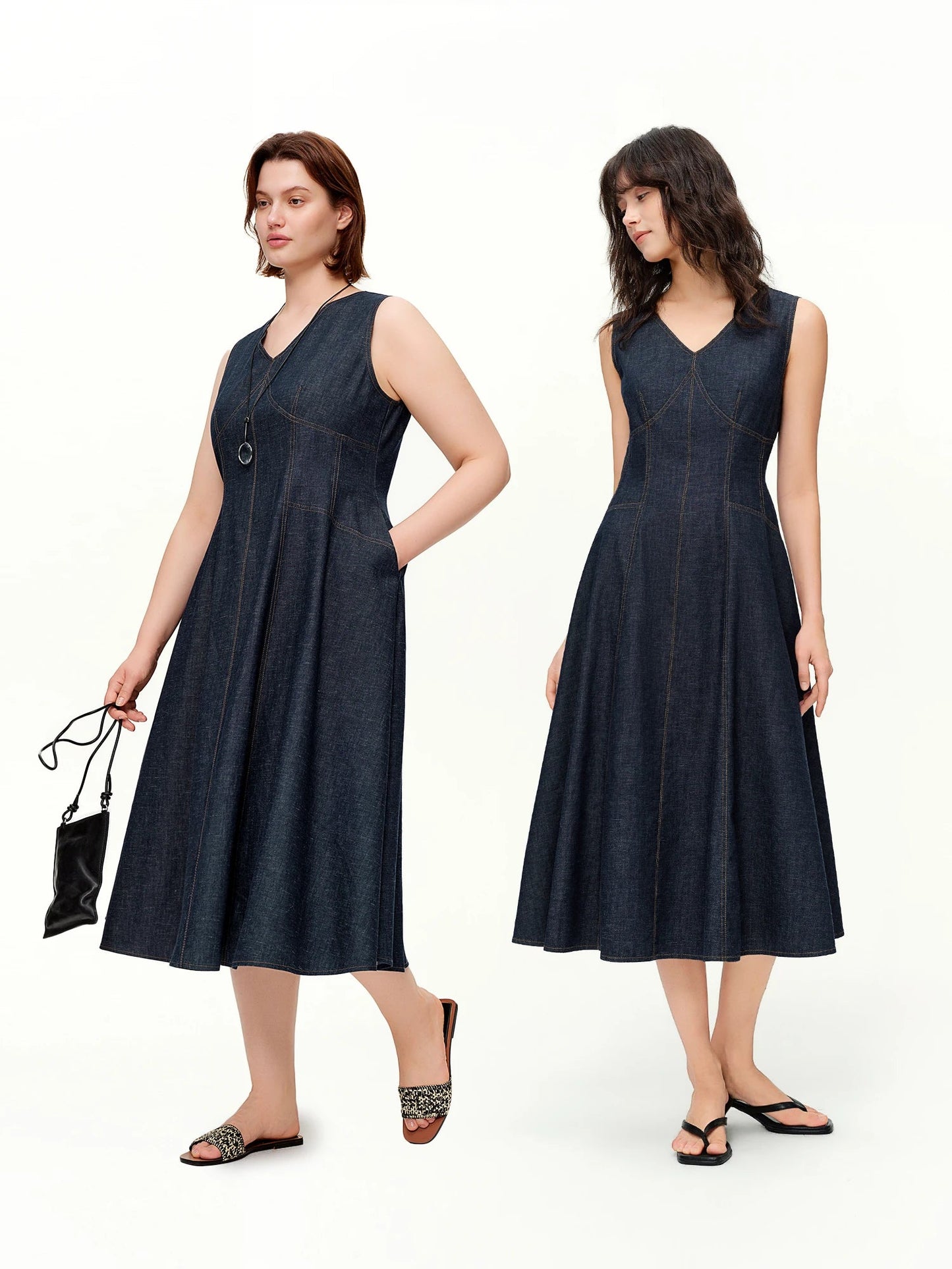 Women’s Sculpted Denim Midi Dress Sleeveless A-Line Style Loran