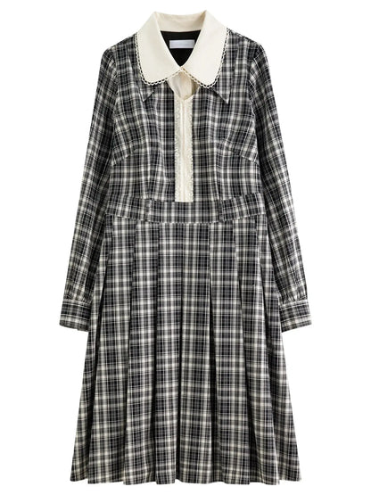 Vintage Plaid Lace-Collar Dress - Loran