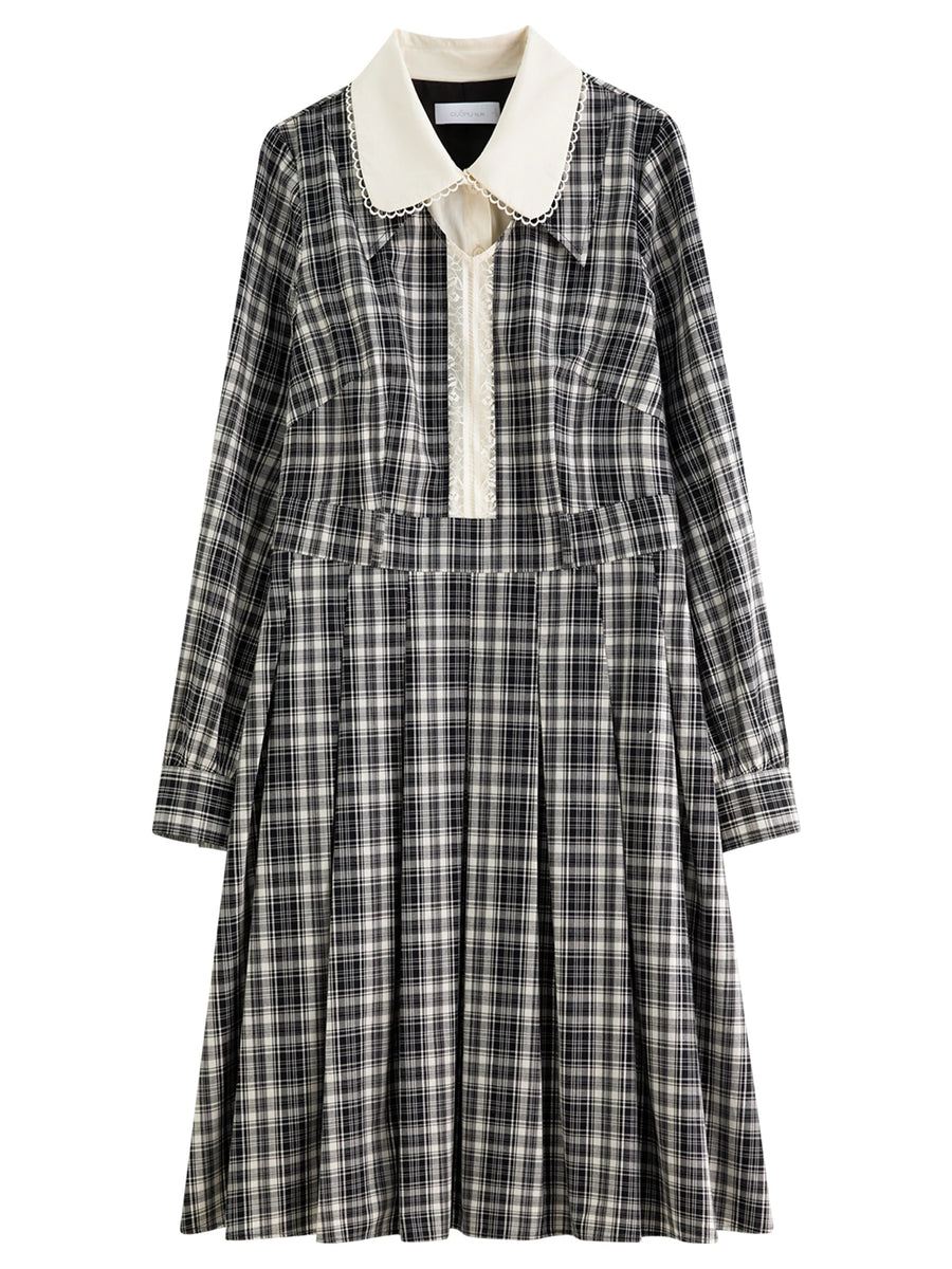 Vintage Plaid Lace-Collar Dress