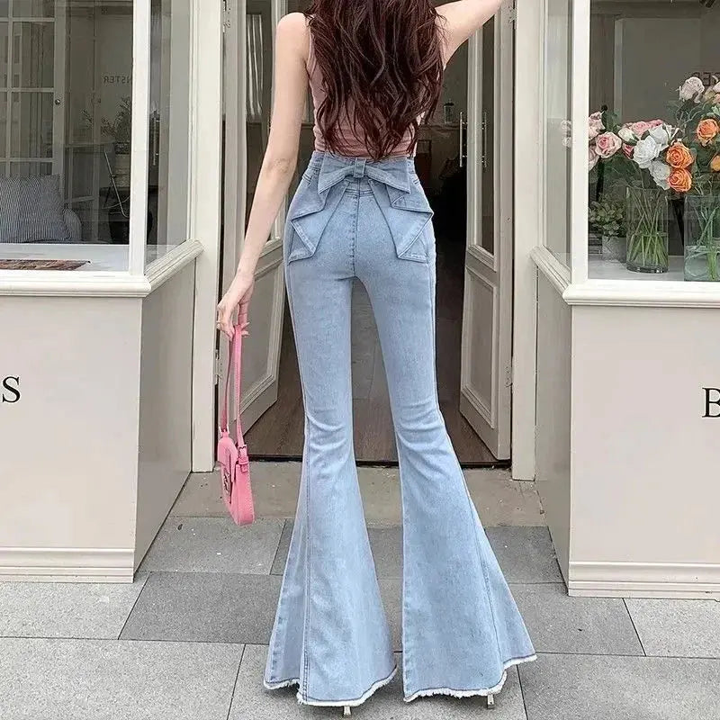 High-Waist Denim Flares with Bow Detail - Loran