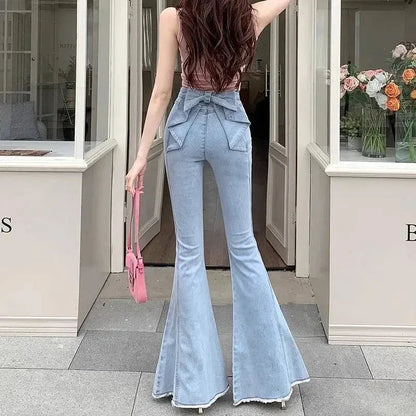 High-Waist Denim Flares with Bow Detail - Loran