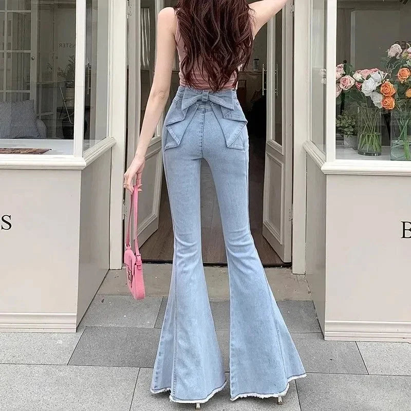 High-Waist Denim Flares with Bow Detail