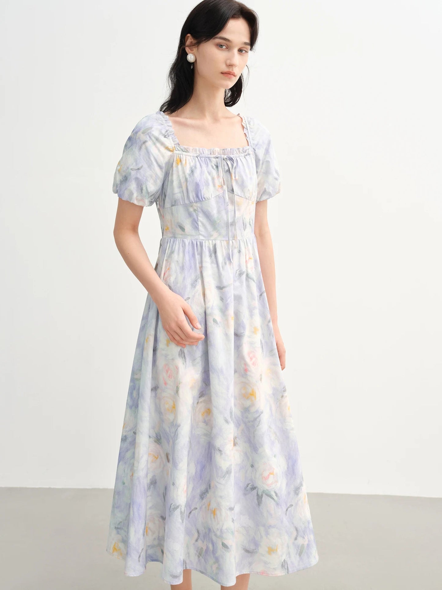 French Romantic Painting Summer Dress Sweet Waist Midi Loran