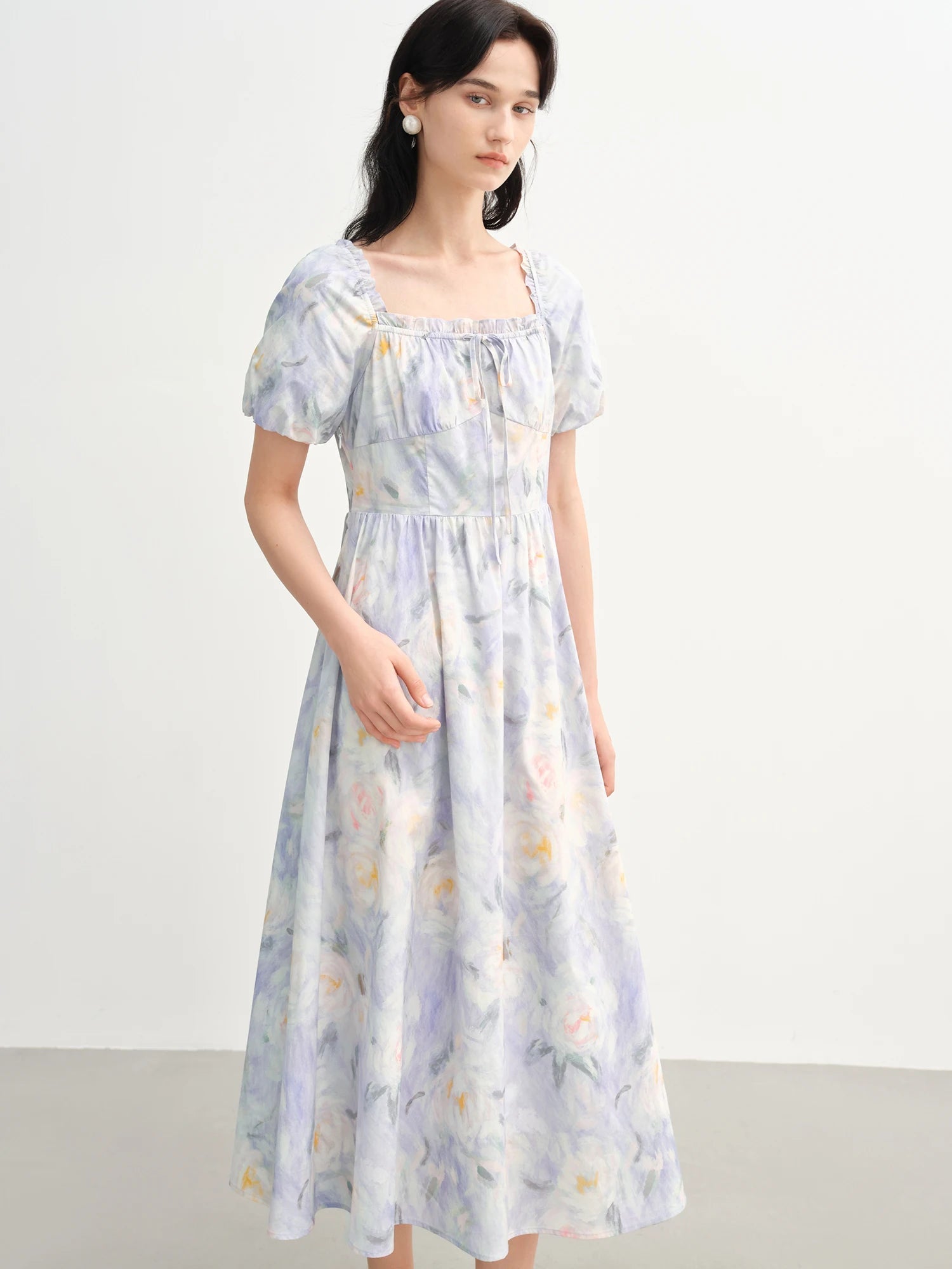 French Romantic Painting Summer Dress Sweet Waist Midi Loran