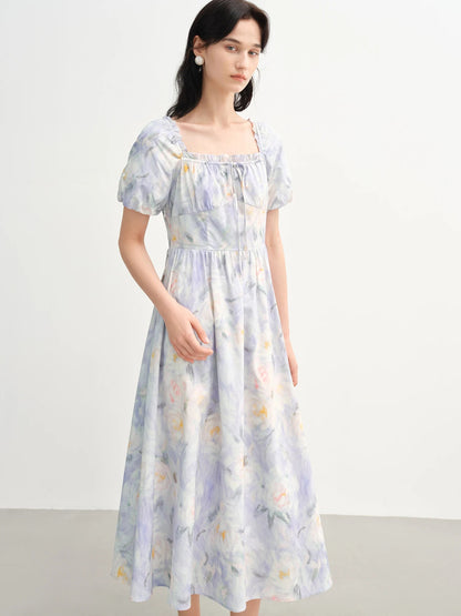 French Romantic Painting Summer Dress Sweet Waist Midi Loran