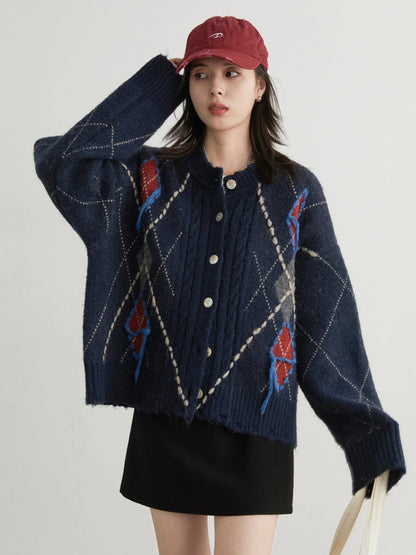 CHIC VEN Women's Knitted Cardigan Warm Loose Vintage Sweater Colorful Diamond Pattern Female Jumpers Autumn Winter Clothes 2024 Loran
