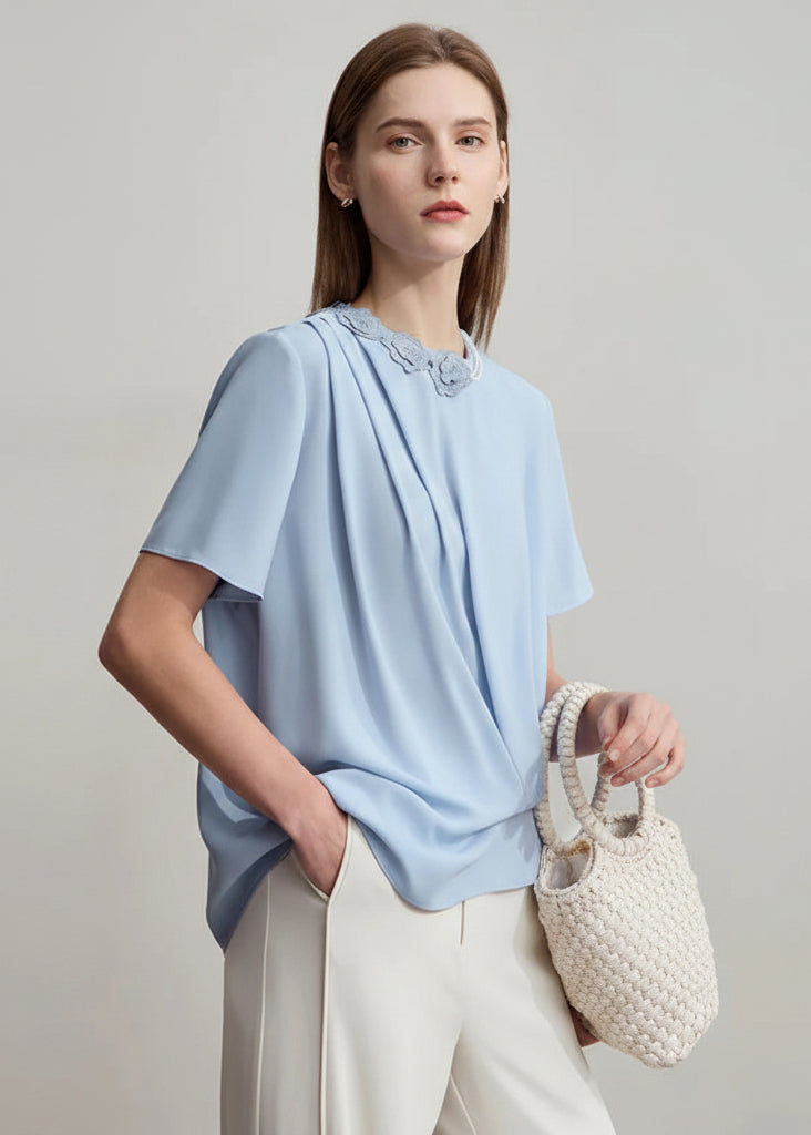 Amii Minimalist Premium Chiffon Shirt Women 2025 Summer Round neck Office Lady flower Chain Ruffles Solid color Blouse 12542251 Loran