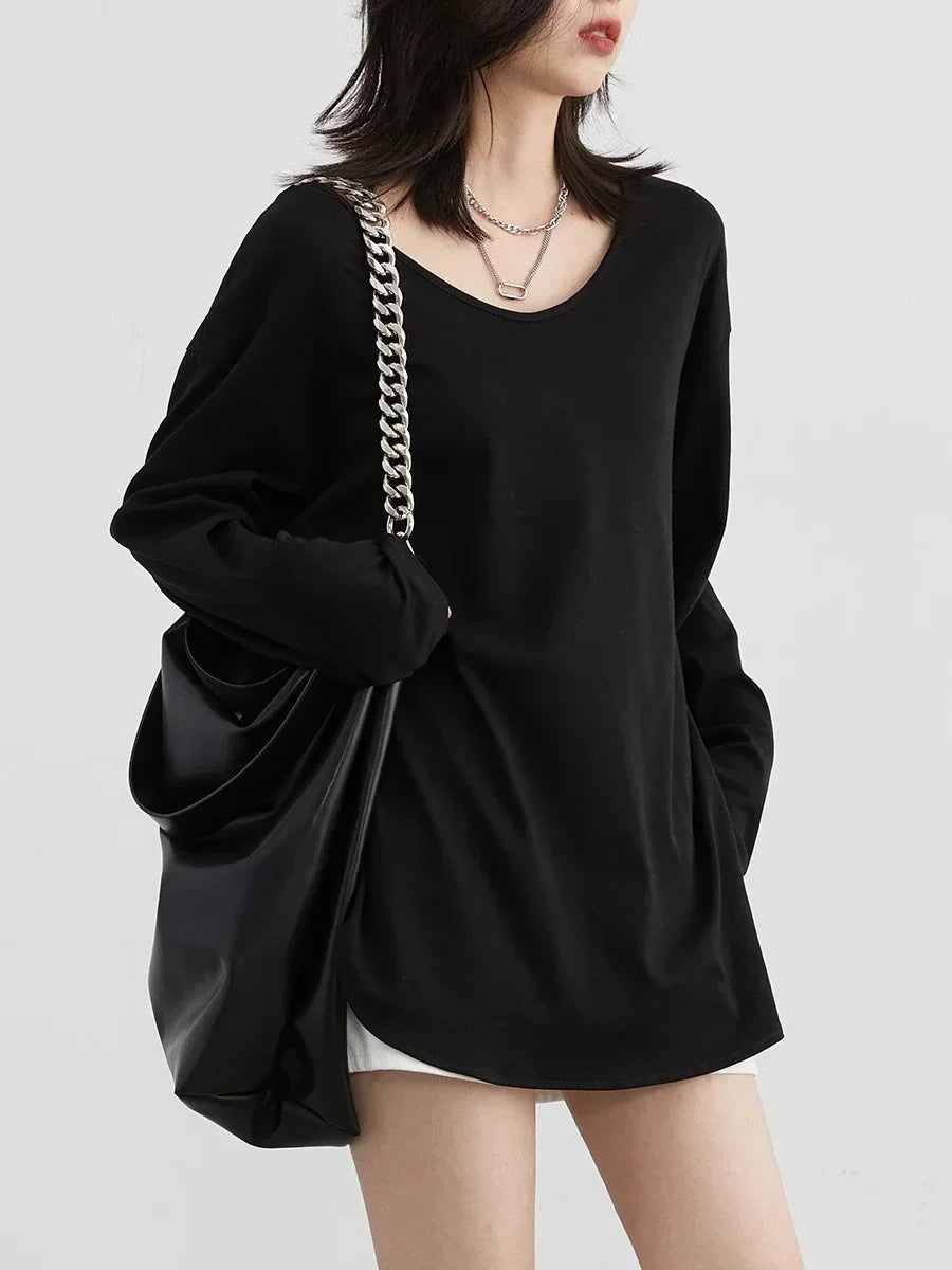 Loose U-Neck Long Sleeve Tee Casual Split Hem Top Loran
