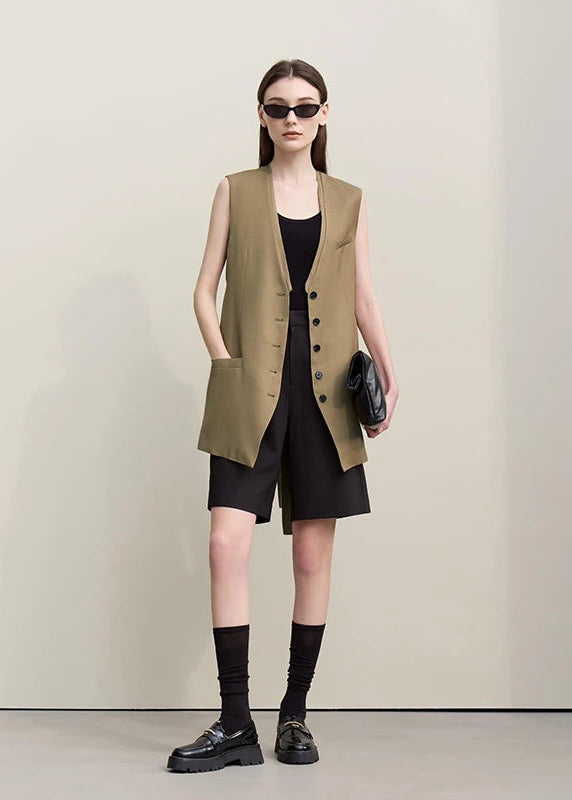 Amii Women's Vest 2026 Spring New Casual V-neck Medium And Long Vest Single Breasted With Belt Elegant Women Loose Top 12651027 Loran