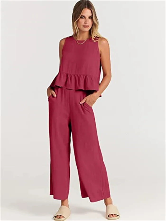 Summer Pleated Wide-Leg Pant Set