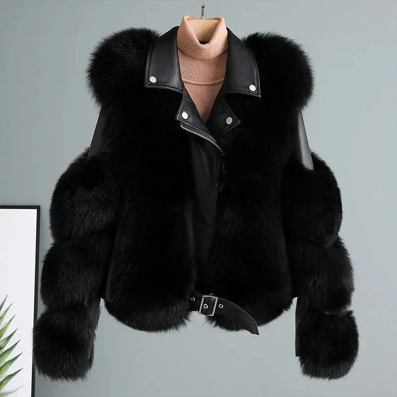 Faux Fur Jacket Patchwork Long Sleeve Pu Leather Fluffy - Loran