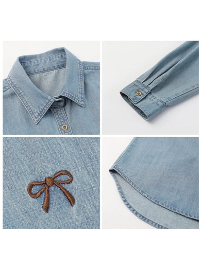 CHIC VEN Korean Female Blouses Loose Single Breasted Bow Embroidered Denim Shirt  Blue Shirt for Women Coat Spring Autumn 2025 Loran