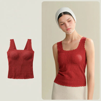 SUJIIN Women's Thermal Underwear 2025 Winter Elegant Sleeveless Square Collar Lace Vest Tops Undershirt Thermal Clothing Woman Loran