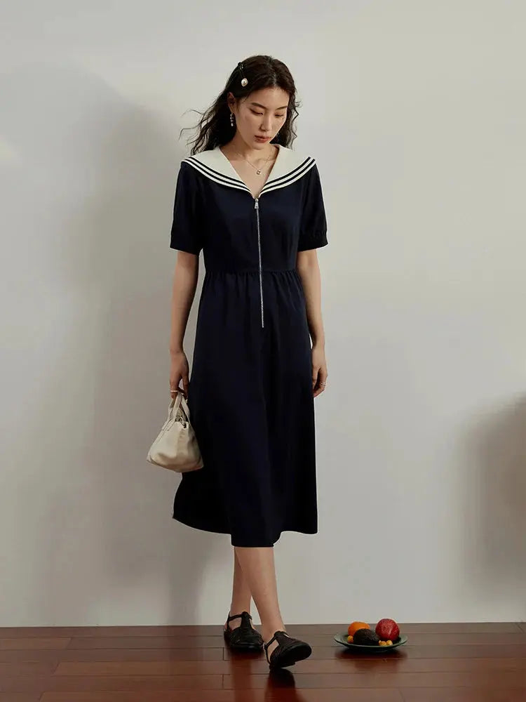 Chic Navy Contrast Zip Dress - Loran