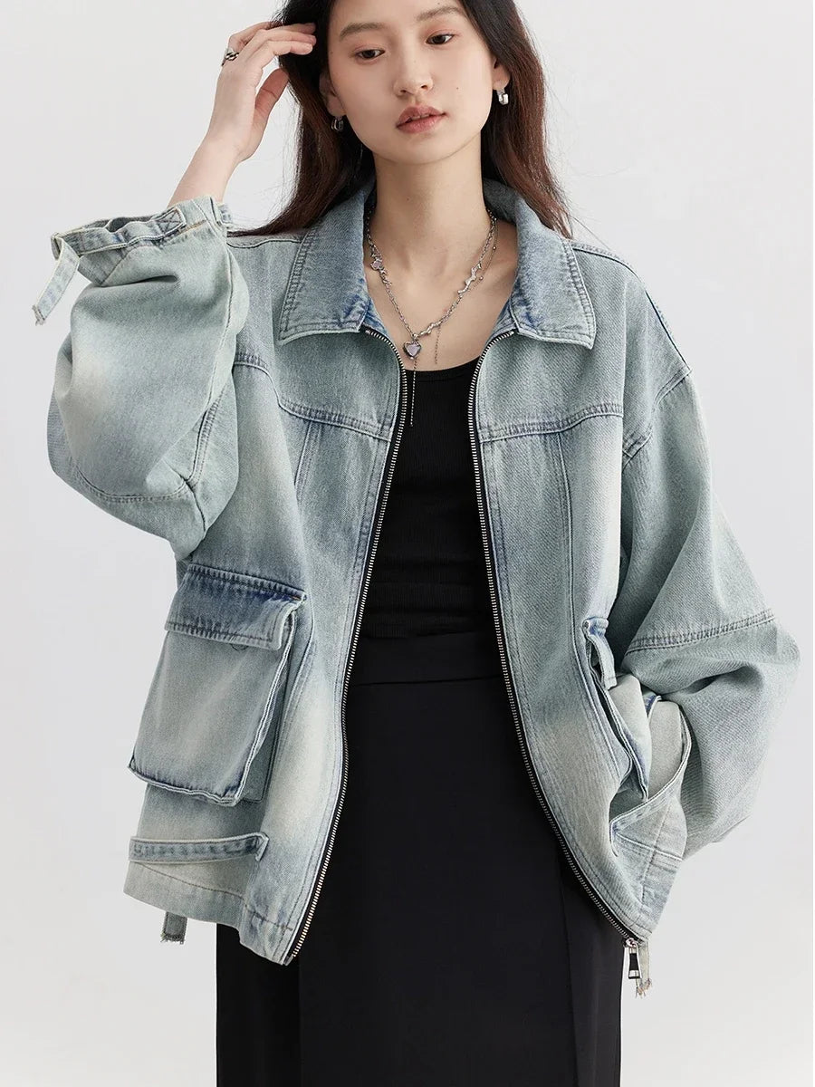 CHIC VEN Women Jacket Loose Casual Blue Cotton Denim Jack for Woman New outerwear Female Overcoat Cowboy Coat Spring Autumn 2024 Loran