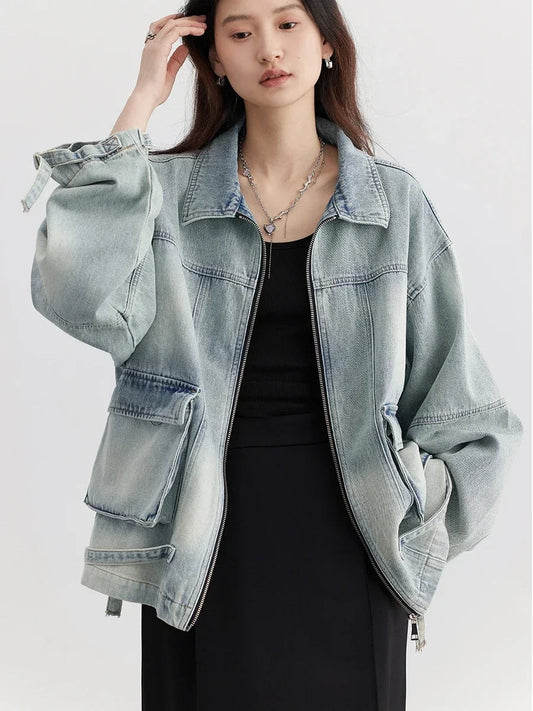 CHIC VEN Women Jacket Loose Casual Blue Cotton Denim Jack for Woman New outerwear Female Overcoat Cowboy Coat Spring Autumn 2024 Loran