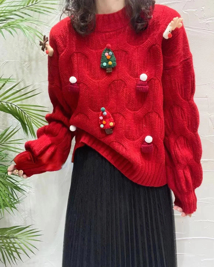 Christmas Tree Appliques Loose Pullovers Long Sleeve Knitted Sweaters - 3IN SMART Shop  #