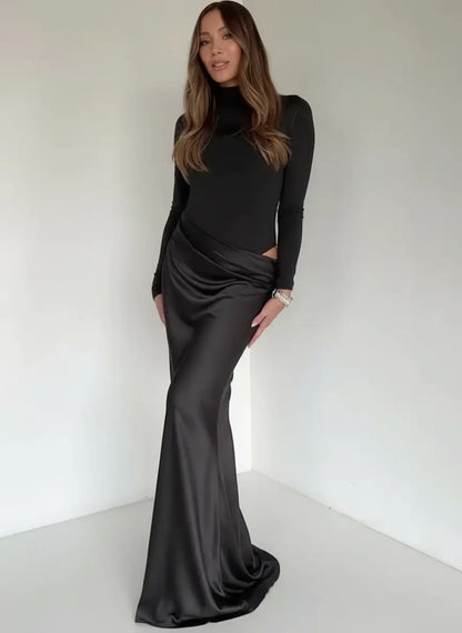 Elegant Patchwork Satin Evening Dress with Turtleneck & Zipper - Loran