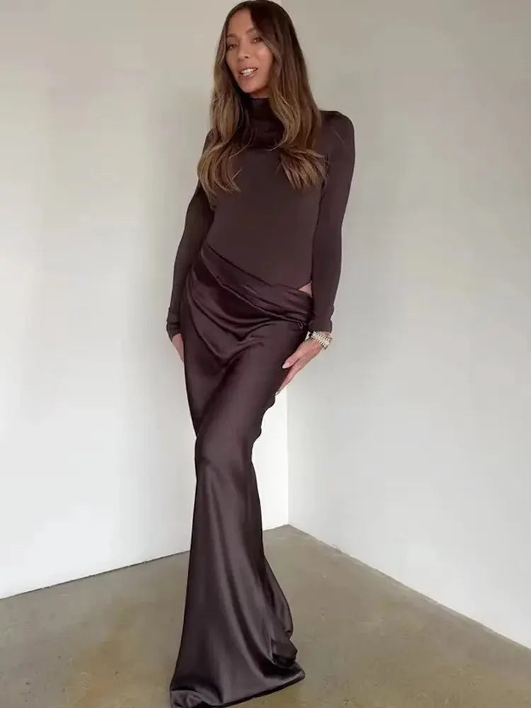 Elegant Patchwork Satin Evening Dress with Turtleneck & Zipper - Loran