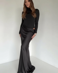 Elegant Patchwork Satin Evening Dress with Turtleneck & Zipper